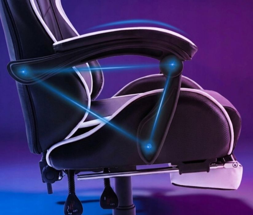 Fotel Gamingowy Biurowy Kubełkowy z Podnóżkiem Biały Ekoskóra Obrotowy