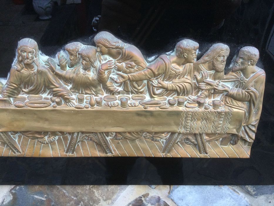 Ceia de Cristo Bronze Vidro Assinada Barbeitos Lisboa 74 cm