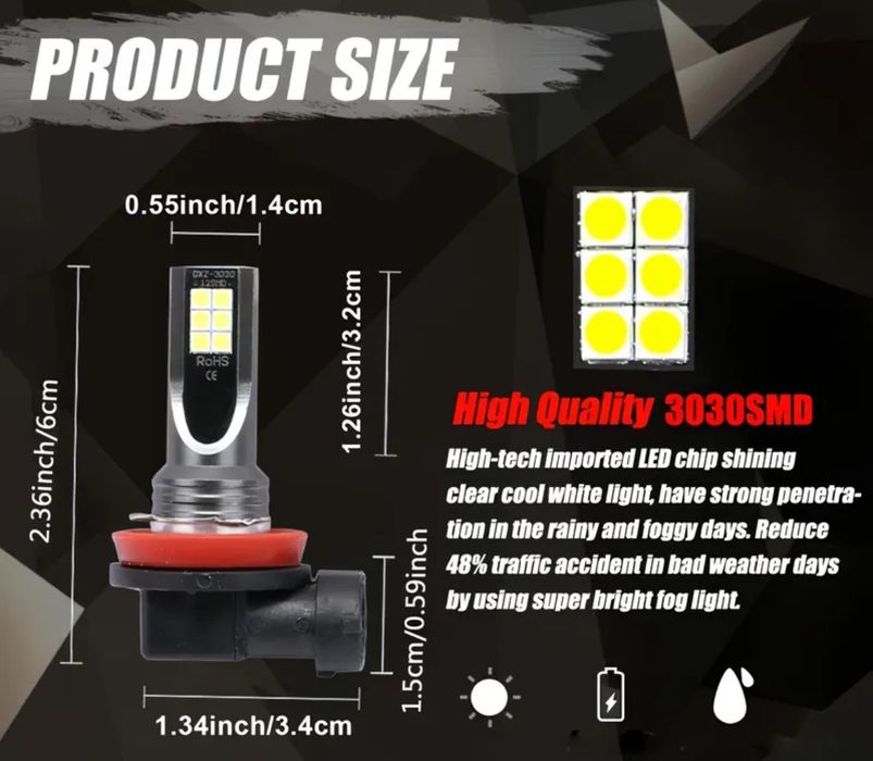 Żarowki samochodowe LED uniwersalne H8 H9 H11 , 6000K białe.