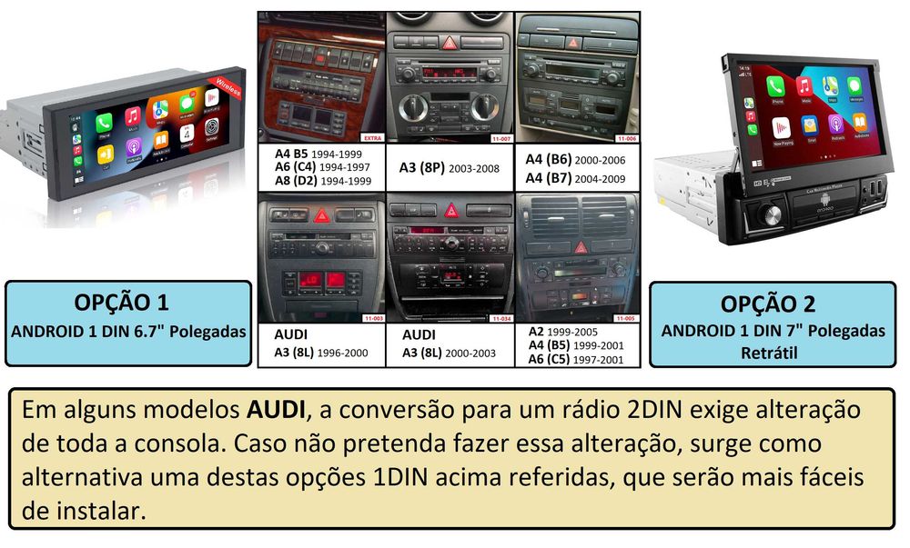 (NOVO) Rádio 1DIN • AUDI A2/A3/A4/A6/A8 • Android GPS (2DIN)