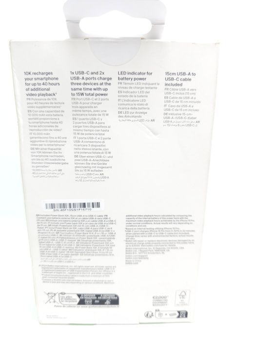 Belkin BoostCharge Power Bank 10K 10000mAh 3 Porty USB-A i USB-C TSA