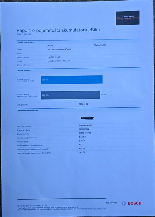 Bateria Akumulator BOSCH POWERPACK 400wh na bagażnik 87 cykli 96% spr