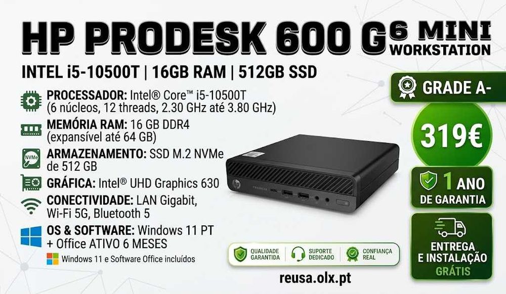 Mini PC HP ProDesk 600 G6 | i5-10500T | 16GB DDR4 | NVMe 512GB | WiFi | W11