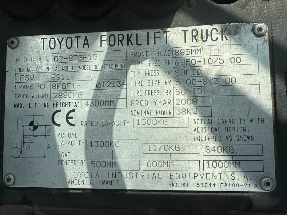 Wózek widłowy Gazowy Toyota 02-8FGF15 2008 Pół kabina