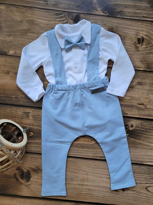 Elegancki zestaw garnitur na chrzest roczek urodziny błękit handmade