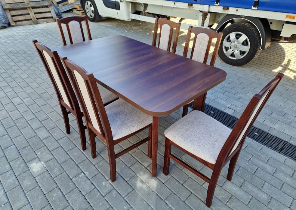 Nowe: Stół 80x140/180 + 6 krzeseł, orzech + kawa z mlekiem, transPL
