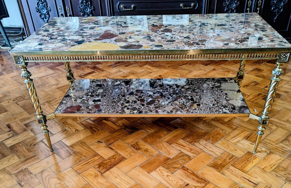 Mesa de Centro Vintage em Latão e Brecha da Arrábida (2 Pedras)