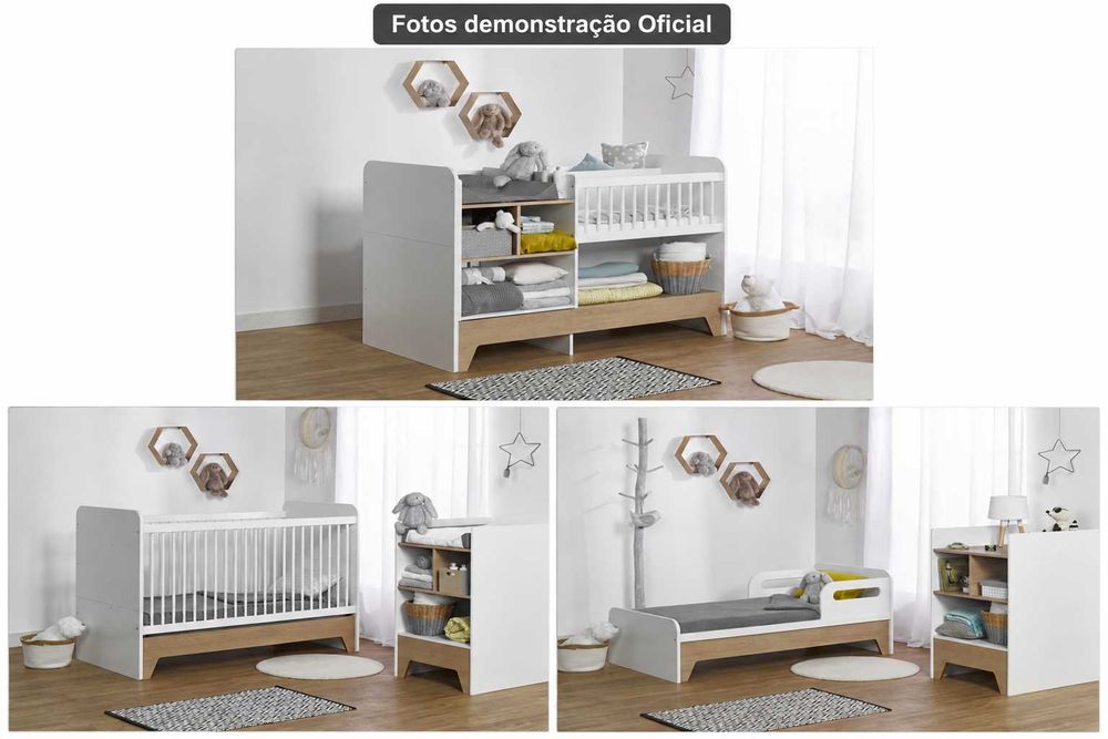 Cama/Berço Evolutivo BROOM 3 em 1 – Branco e Carvalho