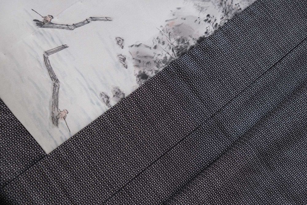 Japońskie czarne haori męskie w kratkę z ozdobną podszewką narzutka