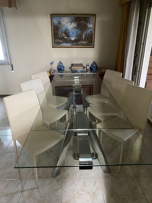 Mesa extensível vidro + 6 cadeiras