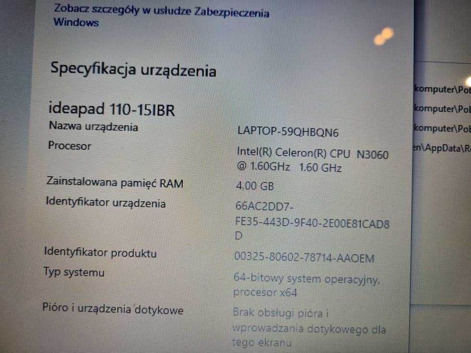 Laptop Lenovo Ideapad 110 ładowarka torba