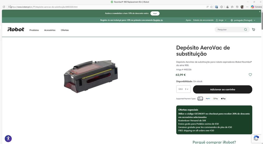 Depósito iRobot Romba AeroVac de substituição serie 900