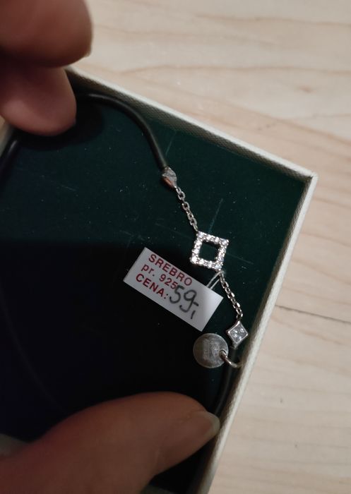 NOWA bransoletka na żyłce PCV czarnej srebro cyrkonie próby 925