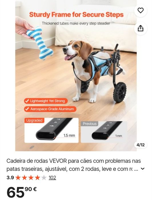 cadeira de rodas para animais de estimação da VEVOR
 projetada para auxiliar