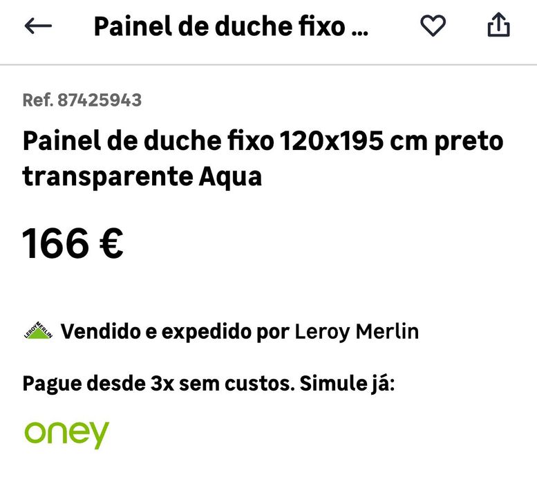 Painel de duche 120x195 novo
