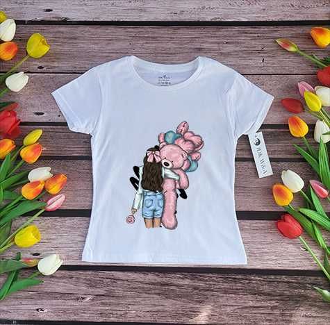 Dziewczynka z misiem koszulka bluzka t-shirt biała czarna 98-152cm