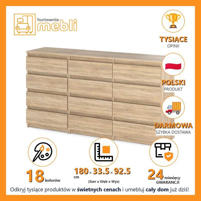 Nowoczesna Komoda Modułowa Do Salonu Hugo 180cm Szafka 12 Szuflad Duża