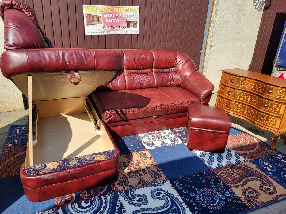 Narożnik wypoczynkowy ze skóry naturalnej  z funkcją spania WYPRZEDAŻ!