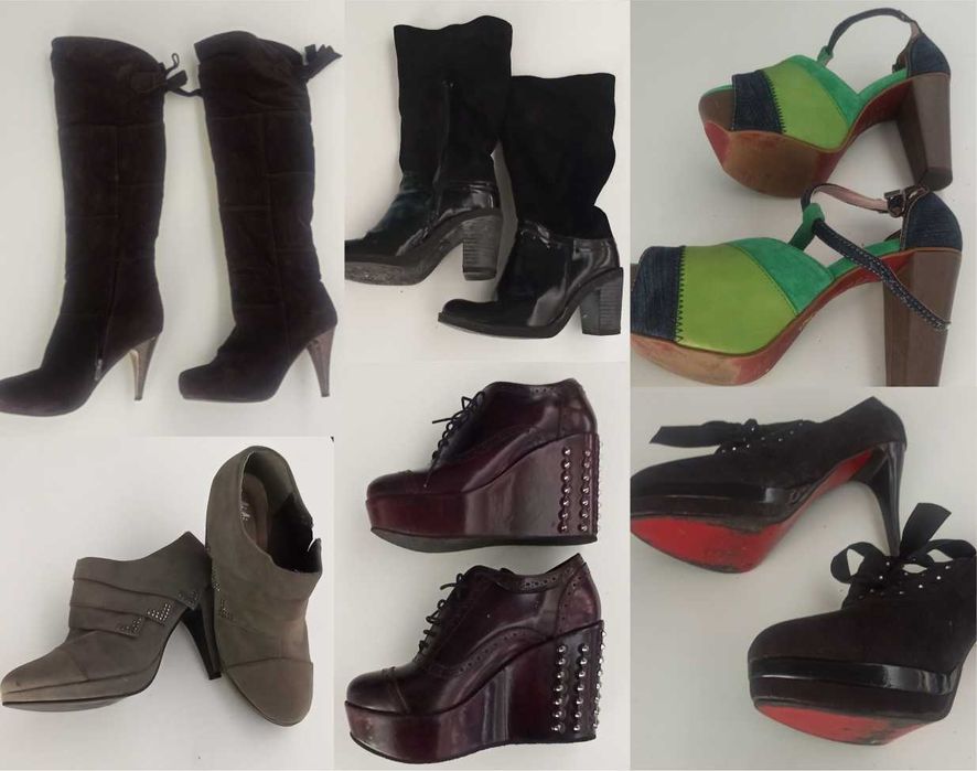 sapatos, botas tacão e compensados