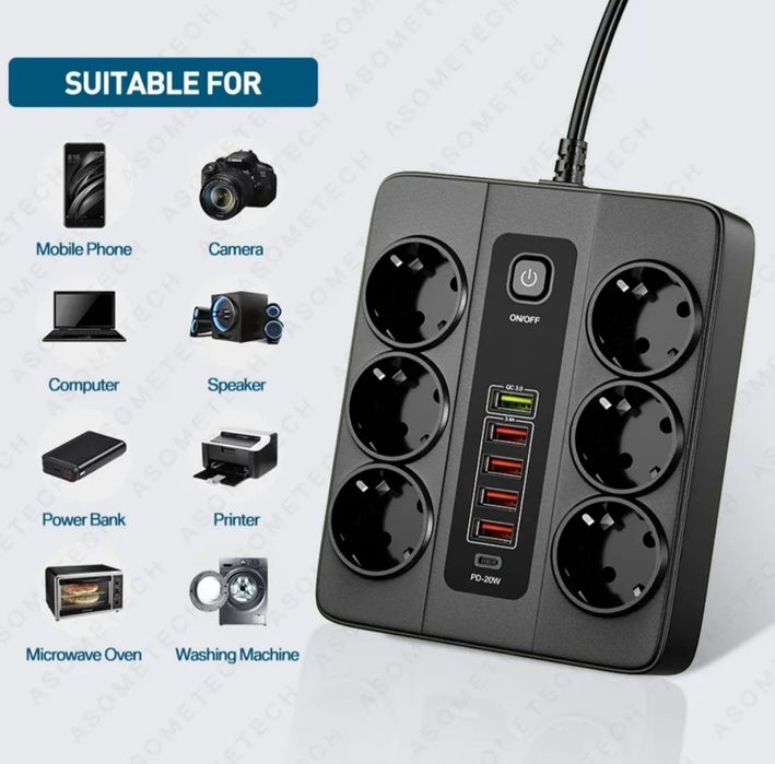 Сетевой удлинитель ASOMETECH на 6 розеток переменного тока, 3000 BT,