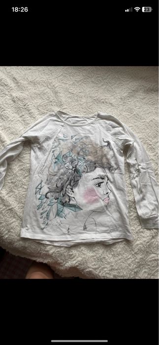 Bluzka koszulka biała długi rękaw nadruk 7/8 lat