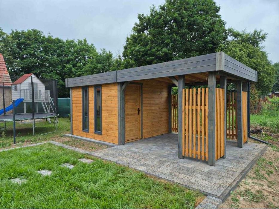 Domek narzędziowy z altaną DB10 3x6 m lamele BLANCA DREWNOTRIK