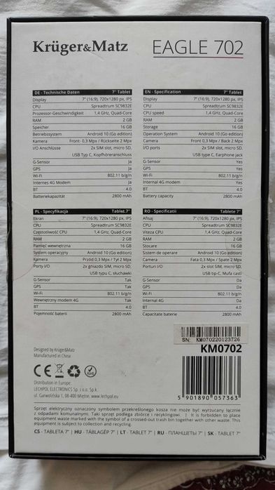Tablet 7" Kruger&Matz Eagle 702 (LTE, 2/16GB), KM0702. Sam tablet + nóżki Wozinsky
