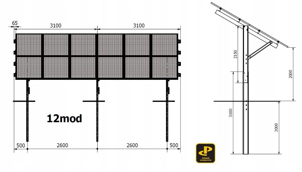 Konstrukcja pod panele fotowoltaiczne jednopodporowa PRW1V2x6 +2m