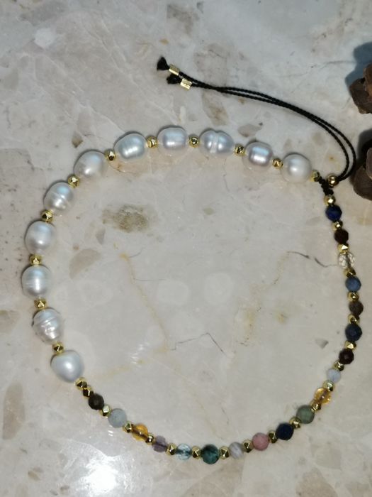 Bransoletka perły srebro kamienie misio nić jedwabna topaz  wodnik