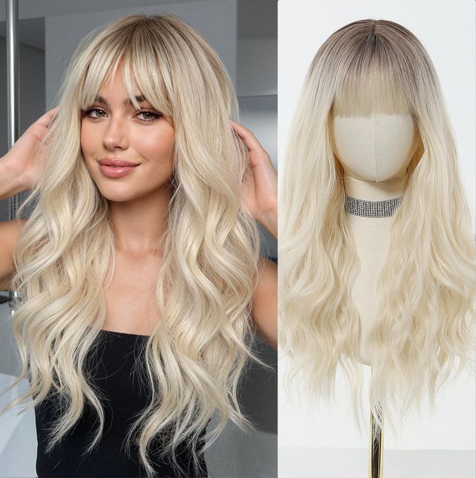 Długa Blond Peruka Z Grzywką Fale Ombre