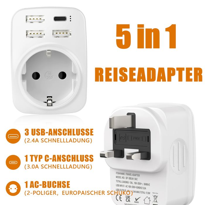 5-w-1 Adapter Podróżny UK, Irlandia, Dubaj, Malezja, i inne