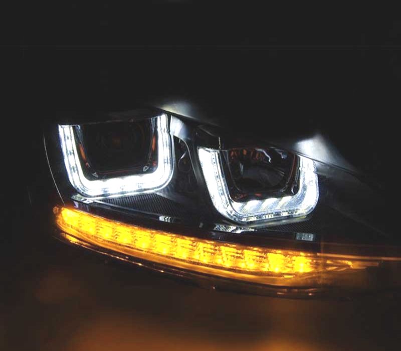 FARÓIS VOLKSWAGEN VW GOLF MK7 12-17 U-TYPE DRL DINAMICOS PRETO LINHA VERMELHA