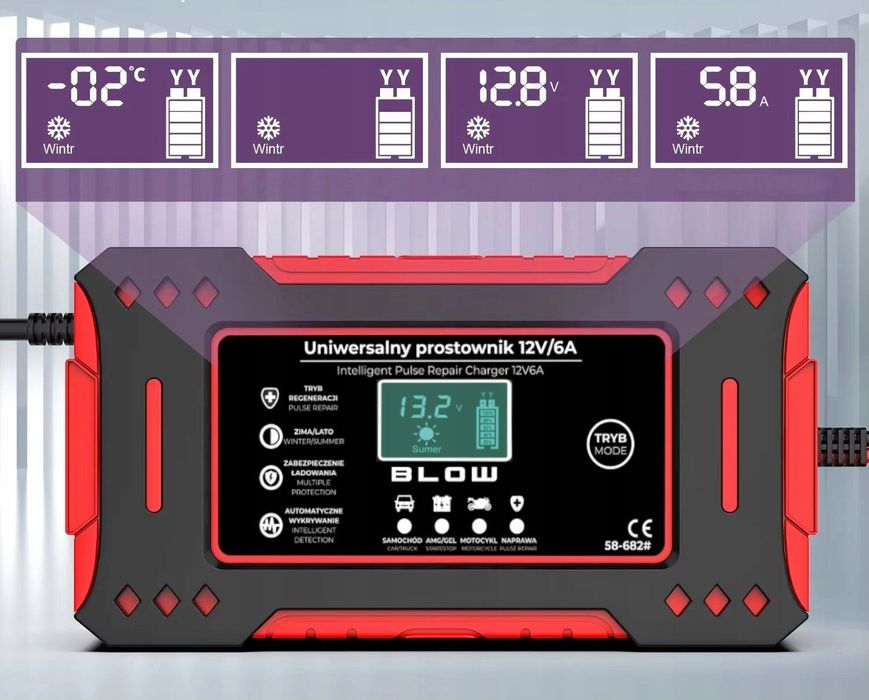 ŁADOWARKA elektroniczna akumulatora 12V 6A LCD wyświetlacz