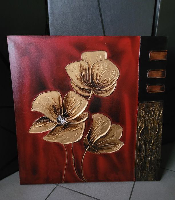 Obraz czerwony, złote kwiaty 60x60