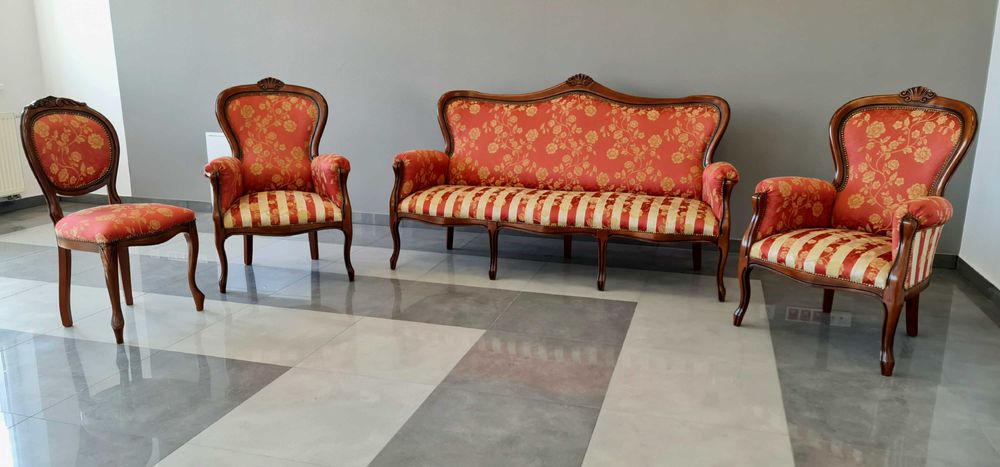 Stylowe Meble do salonu w stylu ludwikowskim. Sofa + 2 fotele + krzesło. Stan idealny plus.