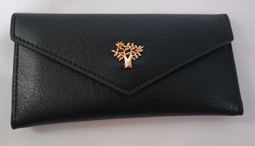 Czarny portfel, skóra ekologiczna, 19 x 9, dużo przegródek