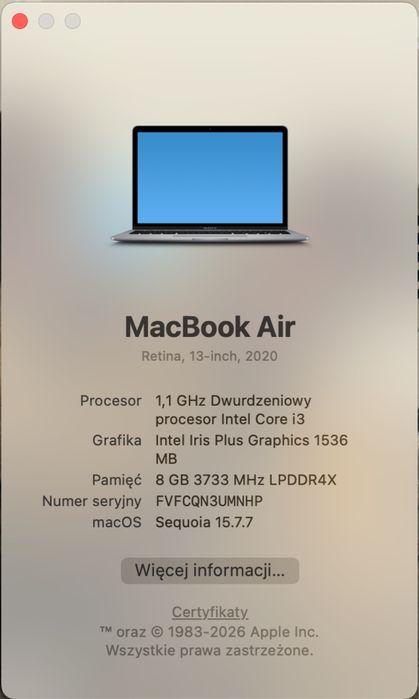 Macbook air i3 2020r apple retina 256gb 13cali bdb stan