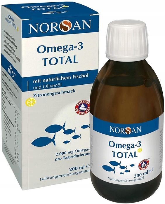 Norsan Omega-3 Total płynny olej rybny z witaminą D o smaku cytrynowym