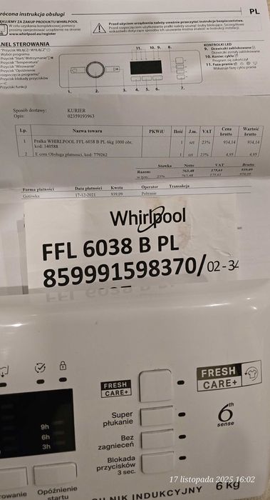 Części Pralka Whirlpool cała elektronika sprawna FFL 6038 B PL