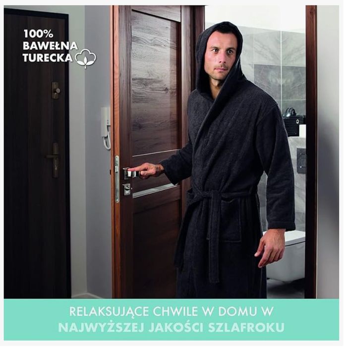Męski szlafrok z kapturem i kieszeniami r.XL, ciemnoszary 100% bawełny
