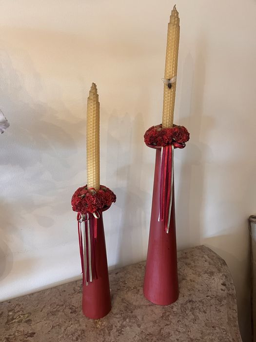 Par de castiçais em cerâmica (como novos) com enfeites para mesa