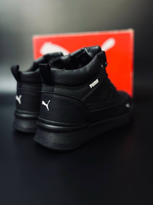Высокие зимние кроссовки Puma/ ботинки красовки Пума черные кожанные