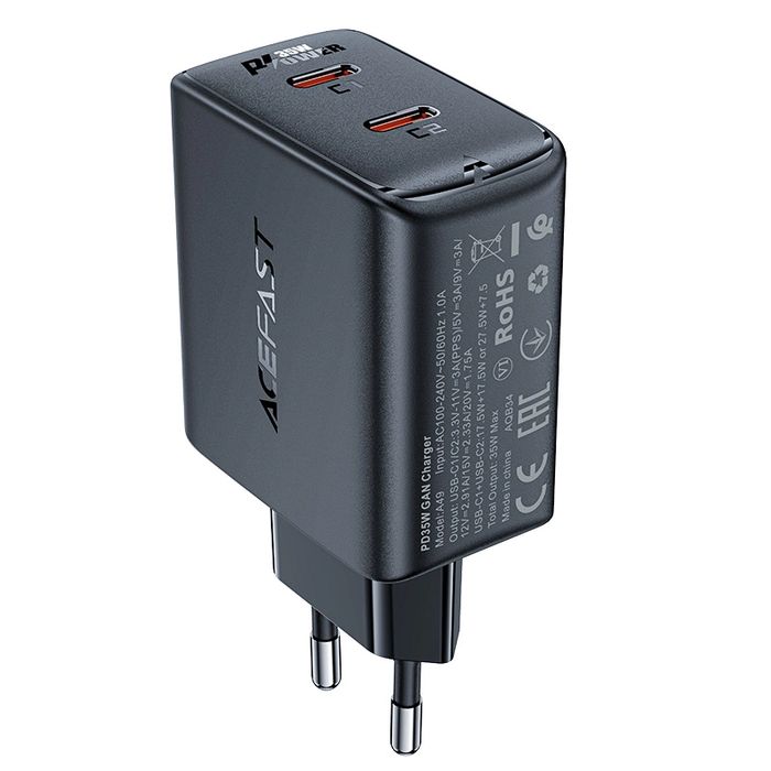 Szybka ładowarka sieciowa GaN 35W PD 2x USB C Acefast A49 - czarna