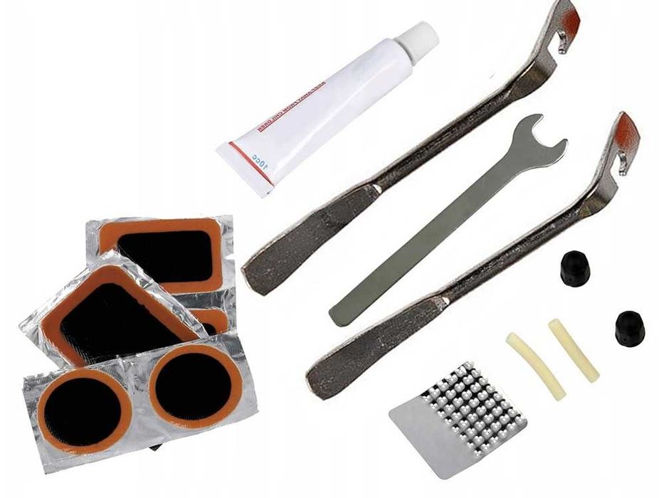 Zestaw WULKANIZACYJNY do DĘTEK Rowerowych NAPRAWCZY Łatki Łyżki Klej