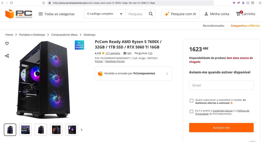 PC Gaming PcCom Ready — Ryzen 5 7600X / RTX 5060 Ti 16GB / 32GB DDR5 RGB / 1TB NVMe