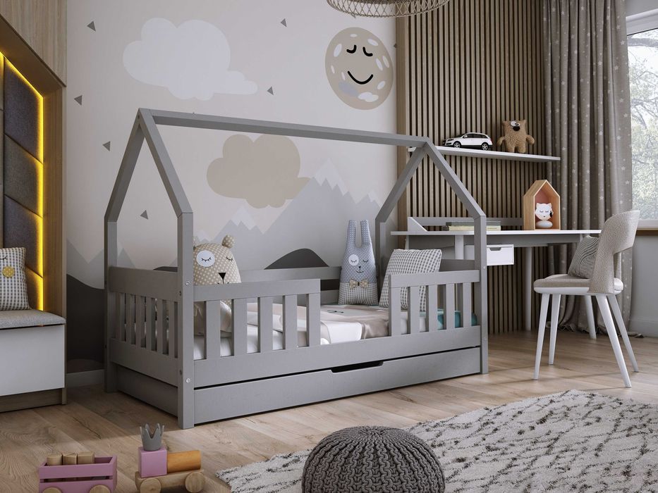 Łóżko domek DYZIO z drewna sosnowego! 160x80 cm, materac w zestawie!