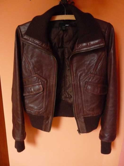 skóra naturalna, brązowa H&M, ramoneska, pilotka