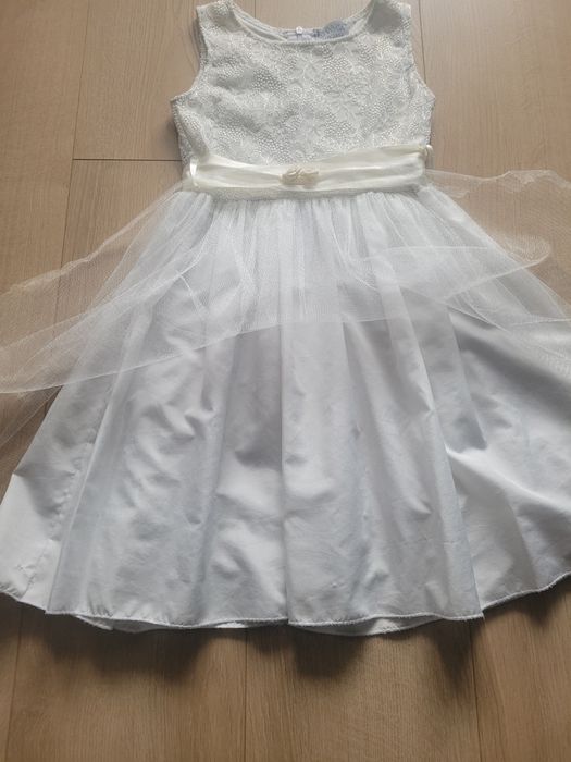 Sukienka elegancka ecru biała góra koronkowa dół tiulowy 110 116 cm Ki