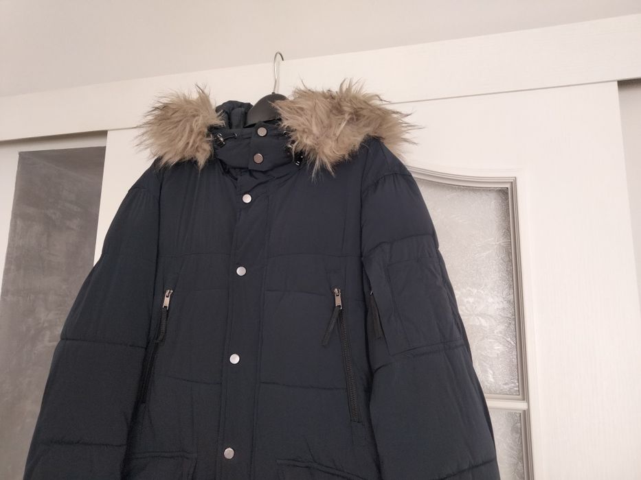 Długa kurtka płaszcz puchowy zimowy z kapturem Zara roz.L granatowy!