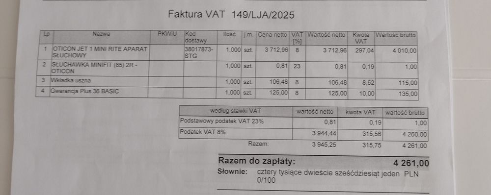 Aparat słuchowy OTICON JET 1 Mini Ritę gwarancja z fakturą zakupu 2025 r
